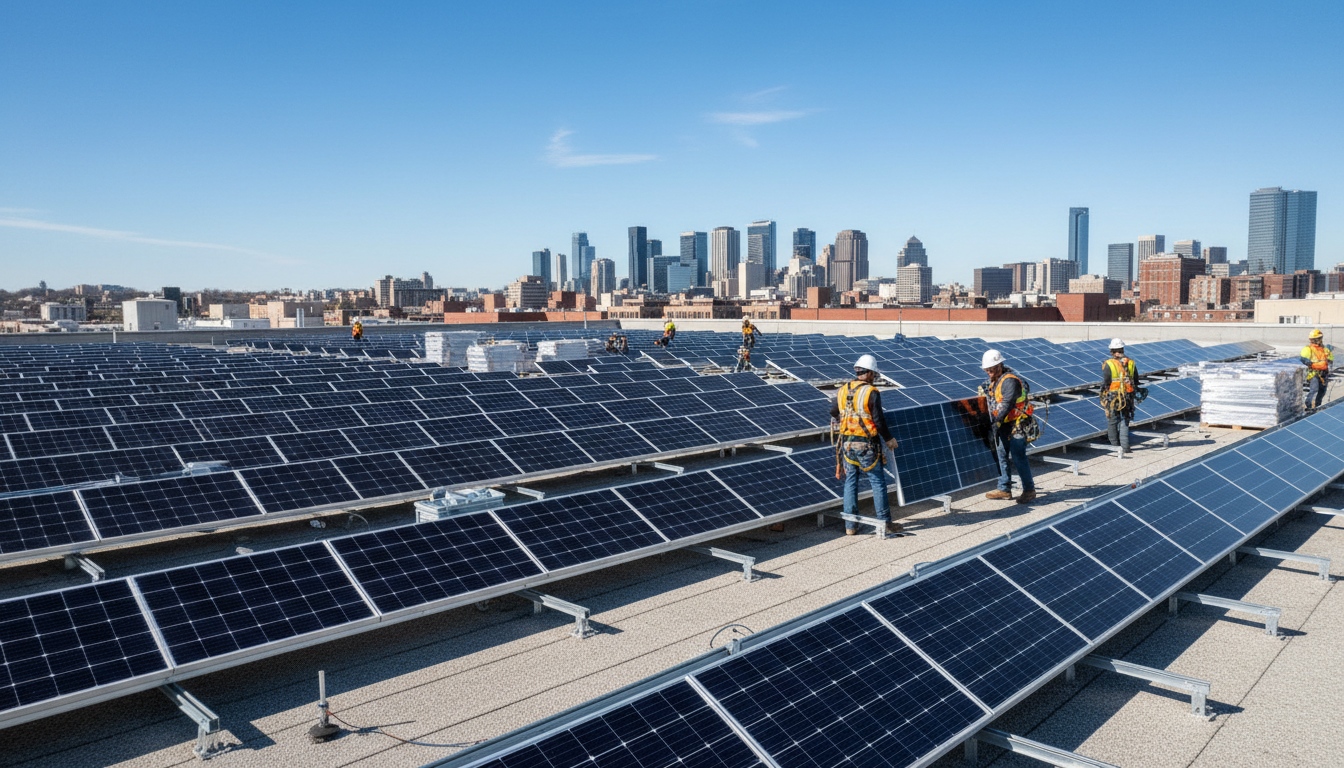 Workers installing bifacial solar panels on a commercial rooftop with racking layout and rear side exposure considerations